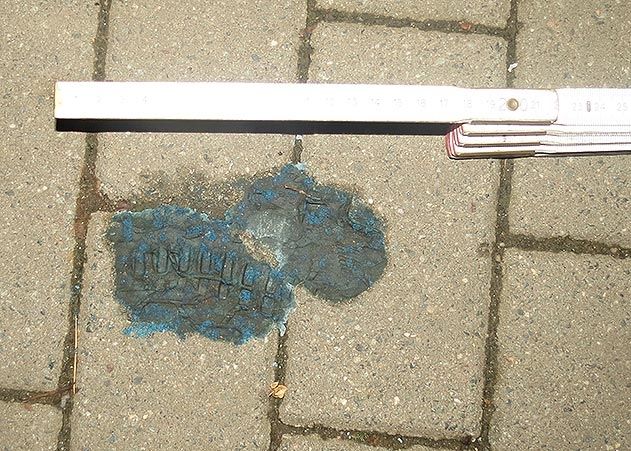 Das Bild zeigt einen mutmaßlichen Giftköder als eine blaue Knete-ähnliche Substanz vergangene Woche auf dem Gehweg in der Mühlenstraße.