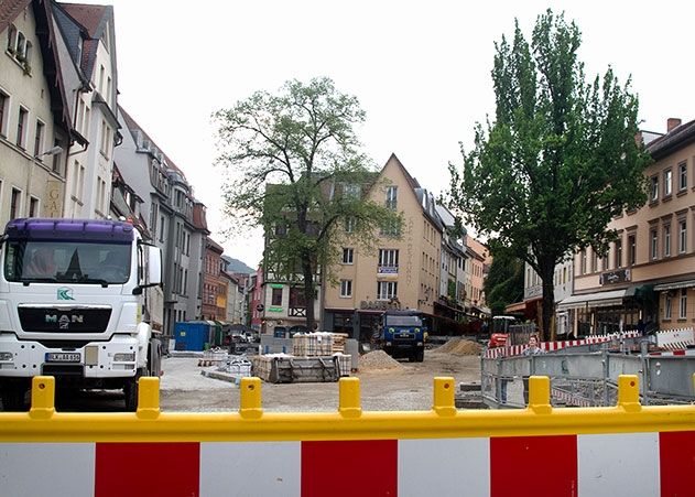 Während die Eiche rechts keine Probleme bereitet, ist die Linde (links) auf dem Johannisplatz bereits massiv im Wurzelbereich beschädigt.