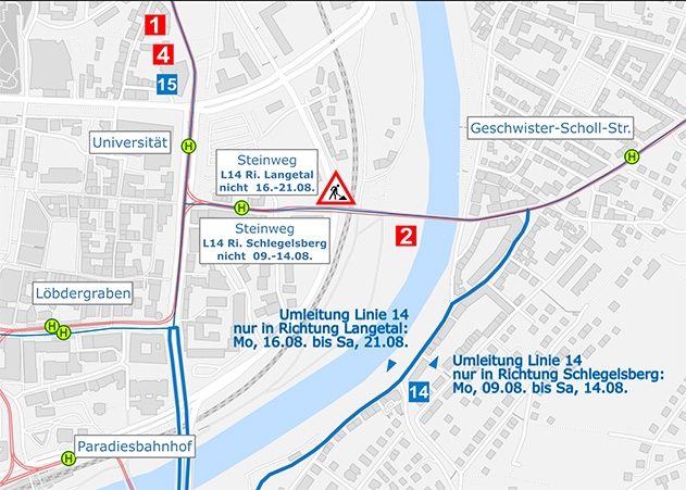 Aufgrund von Bauarbeiten im Steinweg muss die Bus-Linie 14 umgeleitet werden.