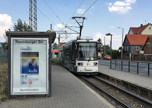 Trotz Baustelle fahren die Straßenbahnen weiterhin nach Jena-Zwätzen.