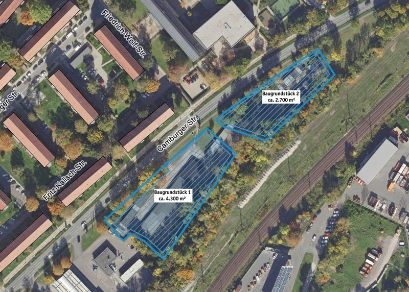 Luftaufnahme der Baugrundstücke 1 und 2 mit bebaubarer Fläche (Schraffur) im aktuell ausgeschriebenen Gewerbegebiet an der Camburger Straße.