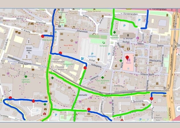 Das Konzept des Runden Tisches Klima und Umwelt: Grün markierte Straßen werden autofrei, blaue bleiben als Zufahrtsstraßen für Parkplätze (rote Punkte) offen.