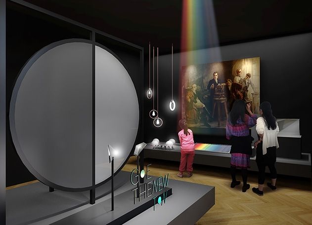 Der Saal „Farbforschen“ zeigt den Pfad der wissenschaftlichen Erkenntnis zu den Farben des Lichts. In enger Verzahnung von historischen Exponaten, bedeutendem Monumentalgemälde, Interaktion und Inszenierung werden unterschiedliche Ideen und Perspektiven erlebbar.