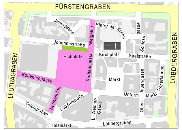 Der Stadtplan der Innenstadt Jenas zeigt die Straßen, die beim autofreien Sonntag am 10. Oktober 2021 für den Autoverkehr gesperrt sein werden.
