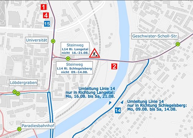 Aufgrund von Bauarbeiten im Steinweg muss die Bus-Linie 14 umgeleitet werden.