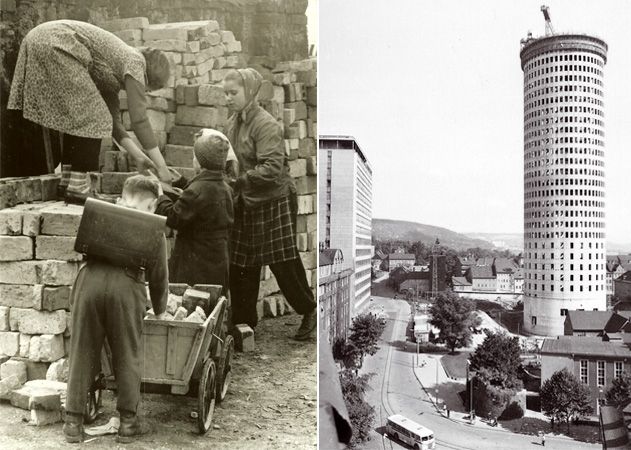 Enttrümmerung nach 1945 in Jenas Innenstadt (l.) und Rohbau-Ansicht des Forschungsneubaus FNB 71 nach 3 Monaten Bauzeit im Jahr 1970 (r.)
