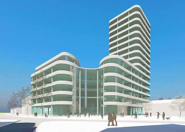 So könnte der zukünftige Gebäudekomplex am „dotSource Campus“ aussehen. Perspektive von der Zwätzengasse.
