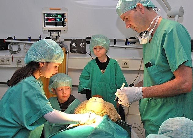 Ein Mädchen aus dem Kindergarten „Schatzinsel“ operiert den Teddy am Herzen. Prof. Torsten Doenst assistiert.