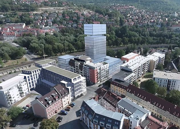 Dieser Bürokomplex mit Hochhaus (Blick in Richtung Camsdorfer Brücke) soll in den nächsten Jahren zwischen Steinweg und Frauengasse in Jena entstehen.
