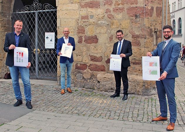 Stellten heute die Ergebnisse der Unternehmensbefragung zur Corona-Pandemie vor: Patrick Werner und Wilfried Röpke von der Wirtschaftsförderung Jena sowie Prof. Sebastian Henn und Björn Braunschweig vom Lehrstuhl für Wirtschaftsgeographie der Friedrich-Schiller-Universität Jena (v.l.n.r.)