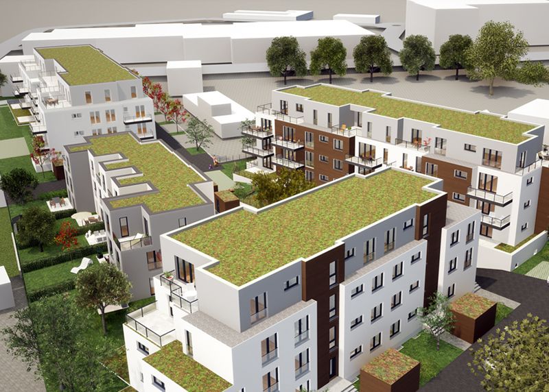 So wird im Jahr 2026 das neue Wohnquartier im Tümplingviertel aussehen. Im Hintergrund die ehemalige POM-Arena und die Leonardo Schule.