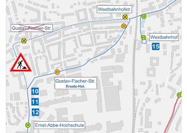 Die Bus-Linien 10,11, 12 und JES-Linie 490 müssen ab 15. Juli wegen der Baumaßnahme am Magdelstieg in Jena umgeleitet werden.