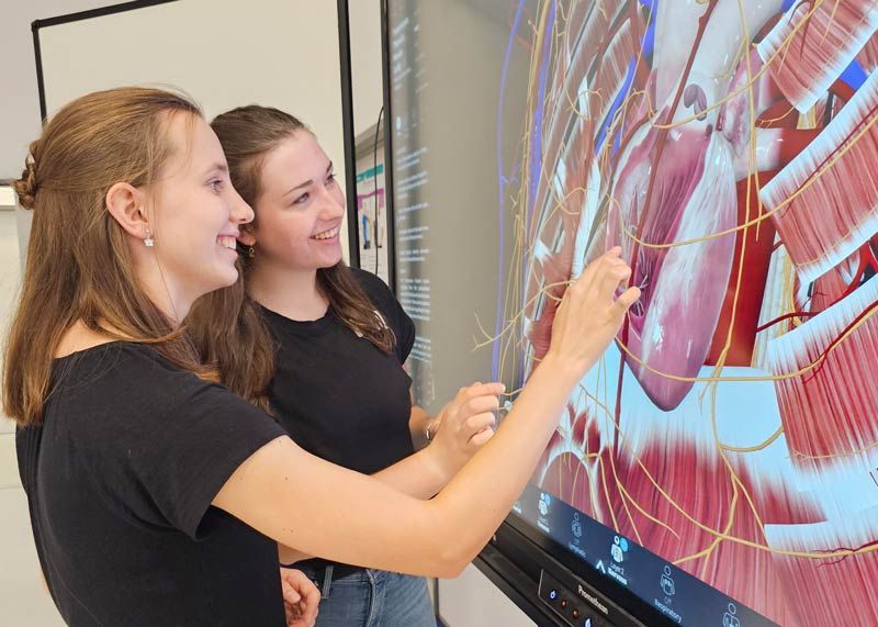 Studentinnen bei der interaktiven Analyse der Anatomie des Menschen am Touchscreen.