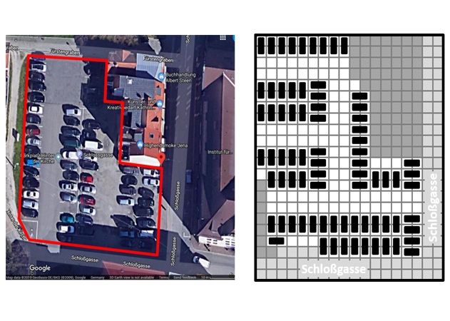 Der Parkplatz in der Jenaer Schlossgasse aktuell (links) und im vom Algorithmus neu berechneten Layout.