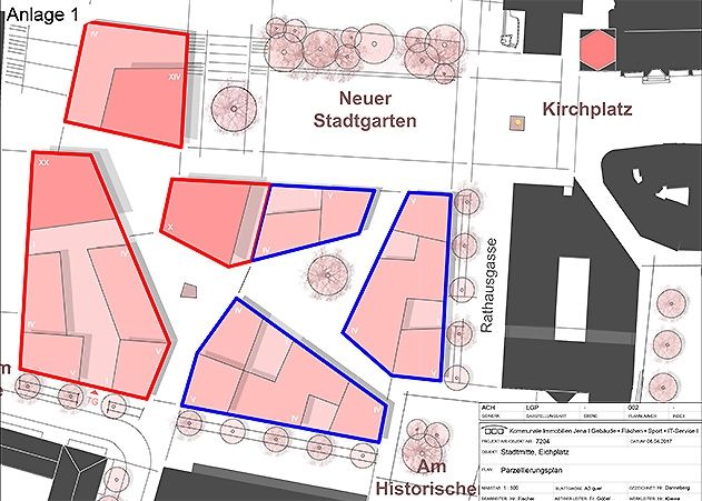 Jena will die Ausschreibung des 1. Bauabschnitts - rot umrahmte Areale - auf dem Eichplatz beschließen. Die Bebauung der blau umrandeten Flächen bleibt zunächst offen.