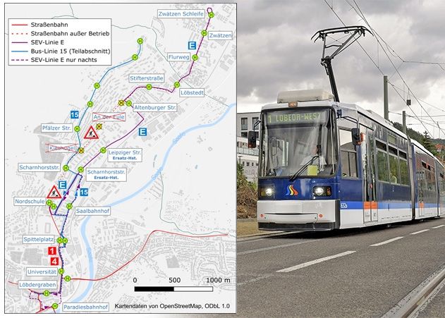 Zwischen den Haltestellen Zwätzen Schleife und Nordschule verkehren vom 29. März bis 10. April Busse des Schienenersatzverkehrs.